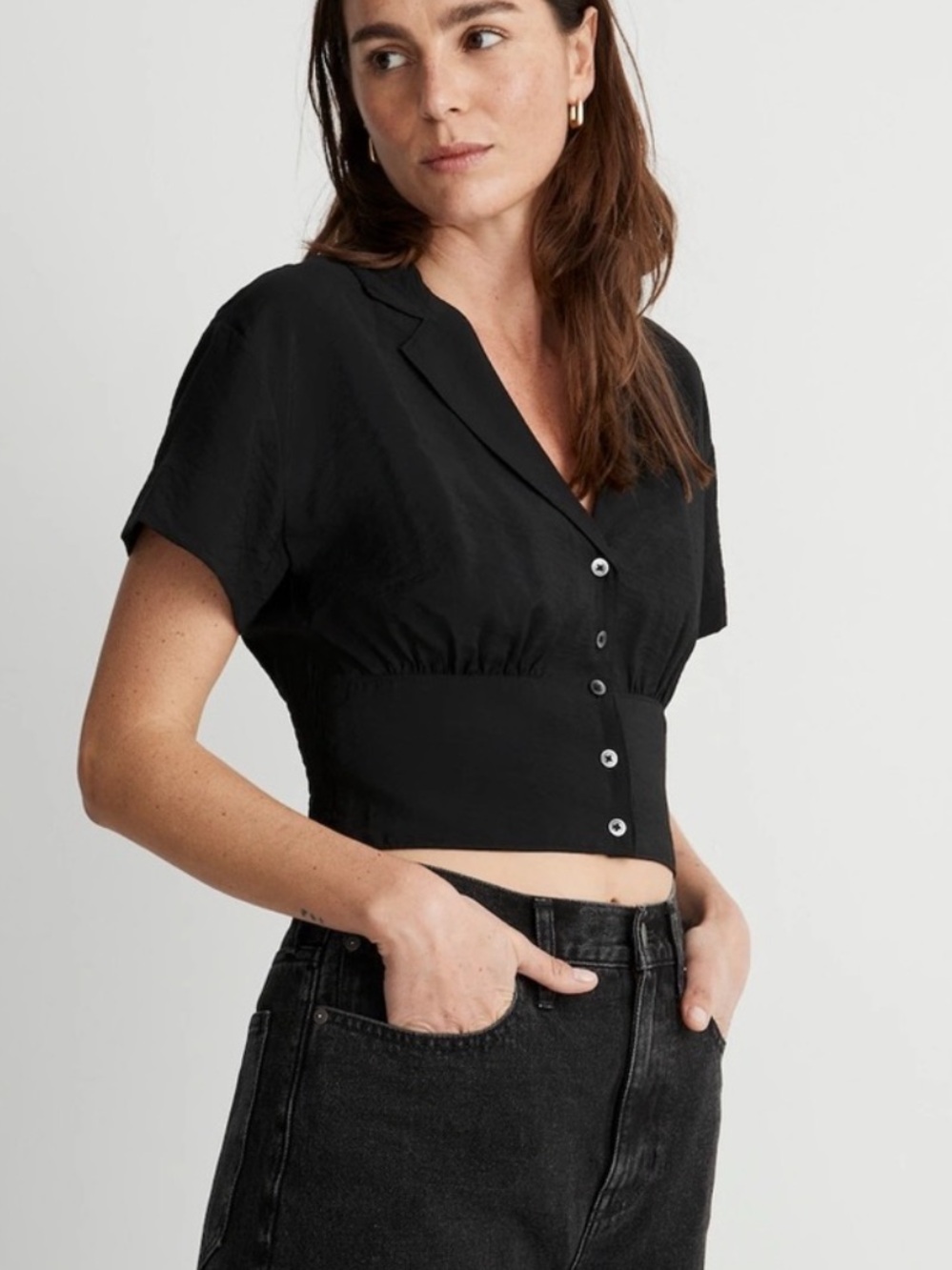 Madewell Black Textured Short-Sleeve Button-Front Top